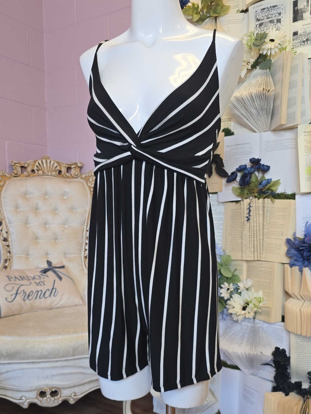 Striped Wrap-top Romper from Love Culture MED Black & White